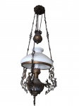 Antiga Luminária Pendente de Teto Estilo Dona Maria I - Século XIX / XX  em bronze trabalhado com rica ornamentação em volutas e ramagens vazadas, cúpula em vidro opalino branco e estrutura sustentada por correntes decorativas com antigo sistema de contrapeso. Peça originalmente a querosene, adaptada para eletrificação. Medidas aproximadas  1,00 x 0,34 cm. Funcionando. ( Retirada com agendamento na Tijuca )