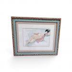 CARLOS LEÃO (1906-1983) - Nu Feminino Reclinado, Aquarela e nanquim sobre papel. Assinado no canto inferior esquerdo. Medidas: 34 x 51 cm . Possui vidro.
