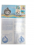ENVELOPE FILATÉLICO NUMISMÁTICO OFICIAL  (PNC)  100 ANOS DOS JOGOS OLÍMPICOS (1896-1996) emitido  pela Casa da Moeda do Brasil e pelos Correios (ECT). Composto por medalha integrada de aproximadamente 5 X 7 cm, bloco de selos postais comemorativos com carimbo de primeiro dia de circulação, certificado de autenticidade assinado e folheto descritivo.