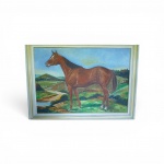 FRANCIS BERNARD  Cavalo em Paisagem, Óleo sobre tela. Assinado e datado (1988) no canto inferior direito,  Medidas: 70 x 100 cm. Apresenta imponente  cavalo castanho   em  paisagem rural com colinas, riacho e cercado ao fundo. Acompanha moldura, bom estado de conservação.( retirada com agendamento na barra da tijuca , Jardim Oceanico )