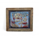 Quadro  em cerâmica artesanal  com mosaico em alto relevo , craquelado ,cores vibrantes e figuras estilizadas do  folclore da arte ARMENIA com cena de colheita e música medindo 50 x 58 cm  OBS:  "Arte Memória" em Yerevan refere-se à forte conexão entre a produção artística e a preservação da memória histórica, cultural.
