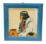 Decorativo de parede em azulejo pintado com moldura de madeira pintada - 18,5x18,5 cm.