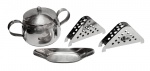 Lote composto por 4 utensilios em inox para cozinha - sendo 1 açucareiro 12x19x12 cm - 2 porta guardanapos 08x14x02 cm - e 1 petisqueira 02x16x10 cm - com riscos do uso e um deles sem uso.