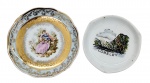 Lote composto por 2 pequenos pires em porcelana - sendo 1 com douração 10,5 cm - e 1 de Loreley 8,5 cm - um deles com leves desgastes na douração.