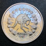 Moeda Australia - 5 Dólares 2000 - Km-382 Proof FC - Prata (0,999) 31,635g 40,5 mm - comemorativa Canguru & Grasstrees - Série: Jogos Olímpicos de Verão de 2000 em Sydney.