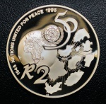 Moeda Africa do Sul - 2 Rand 1995 - Km-155 Proof FC - Prata (.925) - 33,63 g - 38,7 mm - Comemorativa 50º aniversário das Nações Unidas - ONU.