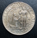 Moeda Checoslováquia - 100 Coroas 1948 - Km-26 - Prata (.500) - 14 g - 31 mm - Comemorativa 600º aniversário da fundação da Universidade Carolina.