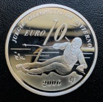 Moeda Espanha - 10 Euros 2005 - Km-1064 Proof FC - Prata (.925) - 27 g - 40 mm - Comemorativa Jogos Olímpicos de Inverno de 2006 em Turim - Juan Carlos I - Com Certificado na Cápsula Original.