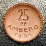 Notgeld Cidade de Amberg 1921 - 25 Pfennigs  Porcelana Marrom - 2,6 g - 24,2 mm - Basílica de São Martinho.