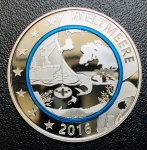 Rara Medalha Alemanha 2016 Prata (333/1000) - 14,66gr - 36mm - Anel De Polimero Azul - Edição Comemorativa Especial - Planeta Terra - Principais Oceanos ( Com Certificado ).