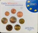 Blister com Set de Moedas Alemanha 2005 - 1, 2, 5, 10, 20, 50 Euro Cent - 1 e 2 Euros Letra F - ( Stuttgart ) - Km-214 - FC.