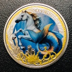Moeda Austria - 3 Euros 2026 - Km-3401 FC - Cobre-níquel - 16,00 g - 34,00 mm - Comemorativa Série: Criaturas Míticas - Cavalo-marinho. - BU - ( A característica distintiva da moeda é um padrão que muda sob luz ultravioleta ).