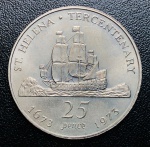 Moeda Santa Helena - 25 pence 1973 - Km-5 FC - Cobre-níquel - 27,9 g - 38,6 mm - Comemorativa Tricentenário da restauração do domínio britânico