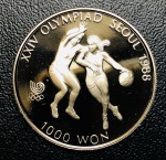 Moeda Coréia do Sul - 1000 Won 1986 - Km-46 Proof FC - Cobre-níquel - 12 g - 30 mm - Comemorativa Série: 24º Jogos Olímpicos de Seul (Primeira Edição) - Basquete.