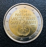 Moeda Portugal - 2 Euros 2020 - Bimetálica - 8,5gr - 25,75mm FC - Km-910 - Edição Comemorativa 75º aniversário das Nações Unidas.