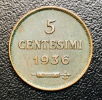 Moeda San Marino - 5 Centesimi 1936 R - Km-12 - Bronze - 3,2 g - 19,6 mm - Período República .