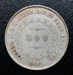 Moeda do Brasil - 500 Reis 1852 - P-565 - 1º Tipo - Prata (.917) - 6,375 gr - 25,8 mm - Império D. Pedro II - Excelente Conservação.