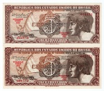 2 Cédulas Brasil - 5 Cruzeiros 1962 - Indio C-112 Fe - Série 092/093 - 3ª Estampa.