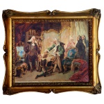 PEDRO AMÉRICO (Paraíba, Brasil, 1843 - Toscana, Itália, 1905)  Estudo. Voltaire Abençoando o Neto de Franklin, em nome de Deus e da Liberdade. 1888. Óleo s/ tela. 37 x 45 cm (MI). 50 x 58 cm (ME). Coleção particular Rio de Janeiro. Informações Importantes: Resumo do laudo texto sobre a obra de Pedro Américo, elaborado por Júlio Bandeira:Obra Central: Voltaire abençoando o neto de Franklin, em nome de Deus e da Liberdade (1890), de Pedro Américo. Descoberta Relevante: A localização, em Lisboa, de um estudo preparatório pintado em Paris para essa grande tela oferece novas interpretações sobre a carreira e a transição política do artista.1. Transição Política do Artista (Monarquia para República)A tela marca a transição de Pedro Américo do regime imperial para o republicano. Com a Proclamação da República (1889), a encomenda imperial anterior - A Libertação dos Escravos (centrada na figura da Princesa Isabel) - perdeu o sentido político e financeiro.Sem concluir a alegoria da abolição, o pintor optou por realizar por conta própria e oferecer ao novo regime a obra Voltaire e Franklin, cujas figuras simbolizavam ideais republicanos e iluministas ("Deus e Liberdade").2. O Fato Histórico Retratado: O quadro retrata o encontro real ocorrido em Paris, em 15 de fevereiro de 1778, entre Benjamin Franklin (buscando apoio francês à independência dos EUA) e Voltaire (aos 84 anos). Ao abençoar o neto de Franklin, Voltaire pronunciou as palavras "God and Liberty" ("Deus e Liberdade"). Pedro Américo fez pesquisas minuciosas in loco para compor a cena, embora o crítico Cardoso de Oliveira observe certa severidade no fundo do aposento e na iluminação da tela final em comparação ao estudo preparatório.3. O Lugar da Obra na Trajetória do Pintor: Retorno à Pintura Histórica Filosófica: Após o auge com telas gigantes de batalhas (Batalha do Avaí, Passagem do Chaco) e fatos cívicos (O Grito do Ipiranga), o artista retoma composições de fundo filosófico e republicano. Ciclo Republicano: O quadro abriu caminho para as obras sobre a Conjuração Mineira, culminando em Tiradentes Supliciado (1893). Fim das Grandes Encomendas: Após o período republicano inicial, Pedro Américo deixou de produzir quadros de grandes.