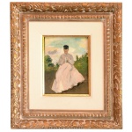 Escola Francesa Impressionista. Séc. XIX  Scène Domestique avec une Dame  (Cena doméstica com uma dama). Óleo s/ madeira. 22 x 16 cm (MI), 47 x 41 cm (ME). A cena retrata uma mulher estendendo lençóis ou roupas brancas em um varal em meio a um cenário de jardim. No verso selo da galeria. Belíssima e robusta moldura dourada entalhada com motivos ornamentais clássicos.