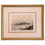 FISQUET, THÈODORE AUGUSTE (1813-1890) - Eglise de la Gloria a Rio de Janeiro. 26 x 35 cm (MI). 47 x 57 cm (ME). Pintor viajante de gênero, de paisagens e flores. Como segundo tenente da marinha francesa, efetuou numerosas viagens e fez duas vezes a volta ao mundo.  Pode, então, conciliar suas funções profissionais e a paixão pela aquarela e pelo desenho. Ele preencheu seu diário de bordo com croquis e desenhos, mais tarde litografados. Aconselhado por um aluno do barão Gros, Ferdinad Wachsmuth, acentuou, particularmente em suas aquarelas, os efeitos da sombra e da luz.