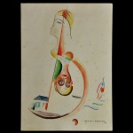 NEWTON RESENDE (São Paulo, 1912 - Rio de Janeiro, 1994)  Duas Figuras altamente estilizadas, formas orgânicas, elementos geométricos abstratos e uma composição que remete ao universo dos sonhos. Aquarela s/ papel. Ass. e datado 71. cid. 30 x 20 cm. Obra sem moldura. Pintor, desenhista, gravador, escultor. É autodidata em pintura.