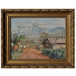 DAKIR PARREIRAS (Niterói, Rio de Janeiro, 1894  1967) - Paisagem rural com uma estrada de terra vermelha, vegetação tropical e uma casa simples ao fundo. Óleo s/ eucatex. Ass. cid. 26 x 35 cm (MI). 36 x 45 cm (ME). Moldura em madeira adornada com um friso dourado em relevo com padrão ondulado. Pintor, professor e decorador. Filho mais novo do renomado pintor Antônio Parreiras , necessita de limpeza