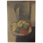 CARLOS SCLIAR (Santa Maria, Rio Grande do Sul, 1920  Rio de Janeiro, 2001)  Frutas e Bule. Vinavil. Ass, titulado, datado e localizado Cabo Frio, 68,  verso. 57 x 34 cm. Pintor, gravador, desenhista, ilustrador, cenógrafo, roteirista e designer gráfico. Destaca-se por ser um dos pioneiros da arte moderna no Brasil.
