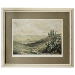 Paisagem iconográfica do Rio de Janeiro durante o século XIX. Litografia. 25 x 26 cm (MI). 46 x 56 cm (ME). A obra destaca-se pela vegetação típica em primeiro plano, com grandes cactáceas e piteiras à direita, abrindo-se para uma vista de vales e montanhas ao fundo, características do relevo da região fluminense.