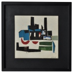 JAN BECK. Escola Alemã - Composição Abstrata com colagem sobre papel, apresentando formas geométricas em tons de azul, preto, verde e vermelho sobre fundo claro. Ass. e datado 77, cid. 20 x 22 cm (MI). 35 x 36 cm (ME).