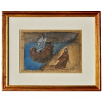 EMERIC MARCIER  (Cluj, Romênia 1916 - Paris, França 1990)  Figura Humana vestida de vermelho ao lado de um elemento em formato de barco ou estrutura sobre uma superfície azul. Guache. Ass. 11 x 16 cm (MI). 21 x 26 cm (ME). Obra expressiva com tons avermelhados, azulados e ocres, Pintor e muralista. Estuda na Accademia di Belli Arti de Brera Academia de Belas Artes de Brera, em Milão, Itália