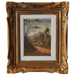 SALVATORE PARLAGRECO (Caltanissetta, 1871 - São Paulo, 1952) - Cena Bucólica com uma estrada de terra que guia o olhar em direção a uma vegetação densa, árvores expressivas e colinas ao fundo sob um céu nublado, características muito marcantes da pintura de paisagem acadêmica. Óleo s/ tela. Ass. e datado 1905, cie. 17 x 13 cm (MI). 30 x 25 cm (ME). Moldura dourada ornamental entalhada com detalhes em relevo no estilo barroco ou rococó, que complementa o aspecto histórico e antigo da obra artística. Pintor e professor de artes plásticas. Foi irmão do também pintor Benjamin Parlagreco,