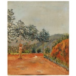 OLGA MARY PEDROZA (Rio de Janeiro, 1891 - 1963)  Paisagem. Retrata um clássico caminho de terra batida avermelhada, cercado por árvores frondosas e vegetação típica, capturando a atmosfera pacífica do interior brasileiro com um domínio refinado de luz e cor naturalista. Óleo s/ tela. 60 x 50 (MT).