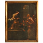 Escola italiana. Séc. XVIII - Cena da Adoração a Maria. Óleo s/ tela. 148 x 108 cm (MI). 168 x 128 cm (ME). Precisa de restauro / tela com rasgo. Moldura em madeira dourada.