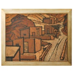 JUAN MANUEL SANCHEZ (1930-2016) - Escola Argentina. Maimara. Óleo s/ tela. Ass. e datado (19)63, cie. Verso com inscrição Juan M. Sanchez 9/(19)63 - Maimara  Provincia de Jujuy.  62 x 82 cm (MI). 74 x 94 cm (ME). Moldura em madeira bege.