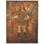 Escola de Cuzco. Séc. XIX - São Miguel Arcanjo, com estandarte na mão. Óleo s/ tela. 99 x 72 cm (MI). 101 x 74 cm (ME). Tela muito danificada, precisando de restauro. NO ESTADO.