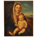 Escola Italiana. Possivelmente circa 1800 - Madona com o Menino Deus, em estilo renascentista. Óleo s/ tela. 48 x 38 cm. Moldura em madeira.