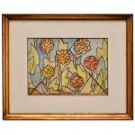 ANTÔNIO GOMIDE (Itapetininga, São Paulo, 1895  Ubatuba, São Paulo, 1967)  Obra com pintura nos dois lados. A) Estudo para Vitral (1926). Aquarela s/ papel. Ass. cid.19 x 26 cm (MI). 37 x 44 cm (ME). A imagem exibe uma composição floral geométrica rica em cores, fragmentada por linhas pretas diagonais que remetem diretamente à estrutura de chumbo típica dos vitrais tradicionais. B) Vegetação estilizada com cactos, palmeiras e folhagens densas de formatos orgânicos e arredondados. A presença de um pássaro solitário riscando o céu e uma faixa azul viva ao fundo representando a água (um lago ou o mar). Apresenta sinais do tempo, pequenas manchas de oxidação. O  uso expressivo de tons contrastantes e tropicais, misturando rosas, verdes, amarelos e laranjas intensos, típicos da identidade visual  do artista. Gomide tinha grande interesse pela integração entre a arte e a arquitetura, desenvolvendo diversos estudos e projetos práticos para afrescos, vitrais e elementos decorativos durante o movimento modernista no Brasil. Pintor, escultor, decorador e cenógrafo.