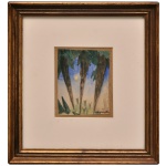 ANTÔNIO GOMIDE (Itapetininga, São Paulo, 1895  Ubatuba, São Paulo, 1967) - Formas Estilizadas de Troncos e Folhagens que se alongam em direção ao céu, com uma paleta marcante de tons terrosos, azuis e verdes. Aquarela s/ papel, Ass. cid. 16 x 13 cm (MI). 38 x 34 cm (ME). A obra está montada com um passe-partout claro e emoldurada em uma moldura de madeira clássica com acabamento dourado e pátina escura. Uso expressivo de tons contrastantes e tropicais, misturando rosas, verdes, amarelos e laranjas intensos, típicos da identidade visual  do artista. Gomide tinha grande interesse pela integração entre a arte e a arquitetura, desenvolvendo diversos estudos e projetos práticos para afrescos, vitrais e elementos decorativos durante o movimento modernista no Brasil. Pintor, escultor, decorador e cenógrafo.