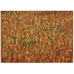 Assinatura não Identificada - Pintura abstrata em tons terrosos, ocres e esverdeados que parece representar uma paisagem urbana densa. Óleo s/ tela. Ass. e datado 76, cid. 82 x 132 cm. A composição assemelha-se a trabalhos de artistas contemporâneos brasileiros que retratam aglomerações humanas, texturas urbanas e multidões em paletas quentes.