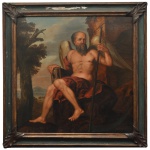 HEINRICH (HENDRICK) POLA (Dutch, 1676-1748) - Retrata a Personificação Mitológica de Cronos. A figura central é um homem idoso com barba e asas, segurando um cajado e sentado em uma paisagem rochosa. Óleo s/ tela. Ass. H. Pola, cid. 87 x 85 cm (MI). 110 x 108 cm (ME). Madeira escura com entalhes característicos da época.