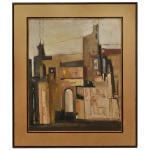 MILAN HORVAT - Paisagem Urbana com cena arquitetônica em tons terrosos. Óleo s/ tela. Ass. cid. 101 x 117 cm. O pintor iugoslavo Milan Horvat veio para o Brasil e escolheu Bragança Paulista para morar. Cubista, teve suas obras expostas no mundo todo. Moldura em madeira.