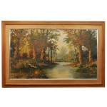 Assinatura não Identificada  Paisagem de Rio com árvores densas em ambas as margens e reflexos na água. Óleo s/ tela. Ass. cid. 169 x 109 cm (MT). Moldura em madeira.