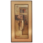 MILAN HORVAT  Pintura geométrica em tons terrosos, parecendo representar casarios ou arquitetura urbana, emoldurada em um painel claro com bordas escuras. Óleo s/ tela. Ass. cid. 136 x 66 cm (MT). O pintor iugoslavo Milan Horvat veio para o Brasil e escolheu Bragança Paulista para morar. Cubista, teve suas obras expostas no mundo todo.
