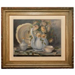 M. BONFÁ  Natureza Morta retratando um arranjo floral em uma jarra de cerâmica clara ao lado de louças e uma xícara. Óleo s/ tela. Ass. e datado 86, cie.63 x 74 cm. Moldura em madeira.