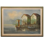 Assinatura não Identificada - Marinha, retratando um cais com barcos tradicionais e construções rústicas à beira da água sob um céu nublado. Ass. cie. 75 x 105 cm,
