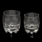 Conjunto de copos em cristal translúcidos, formato bojudo, base texturizada que lembra gomos entrelaçadas (que facilitam o empilhamento seguro) sendo: 7 copos (9 x 8 cm) e 12 copos (8 x 7 cm). Espólio de Josephina Penteado da Fonseca, SP.