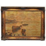 JOSEPH. Escola Europeia - Marinha ao Entardecer. Barcos ancorados na água calma à beira da costa, com tons escuros e dourados na atmosfera e na moldura original da época. Óleo s/ madeira. Ass. cid. 50 x 70 cm (MI). 66 x 85 cm (ME). Moldura ornamentada clássica em madeira entalhada e dourada, típica para a exibição de pinturas acadêmicas de época. Espólio de Josephina Penteado da Fonseca, SP.