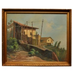 S. PEREIRA - Paisagem rural com casas antigas, postes de energia e um caminho de terra ao anoitecer. Óleo s/ tela. Ass. cie. 72 x 91 cm (MI). 86 x 104 cm (ME). Espólio de Josephina Penteado da Fonseca, SP.