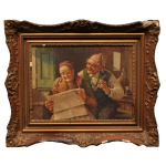 L. COLLIN  Casal de Idosos sorrindo enquanto leem juntos um jornal. Óleo s/ tela. Ass. csd. Danos na moldura. 28 x 38 cm (MI). 47 x 57 cm (ME). Moldura com imperfeições. Espólio de Josephina Penteado da Fonseca, SP.